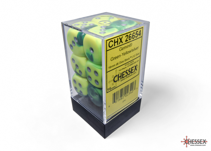 Gemini Green-Yellow/silver 16mm d6 Dice Block (12 dice) - CHX26654